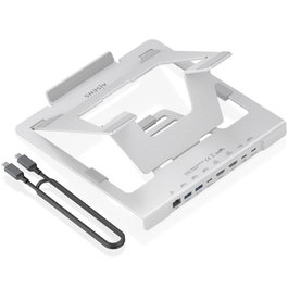 Aisens ASUC-7P046-GR Soporte Ajustable Portátil Tablet con Docking USB-C 7 en 1, 2xHDMI 4K, RJ45, 2xUSB-A, USB-C PD 100W, Gris